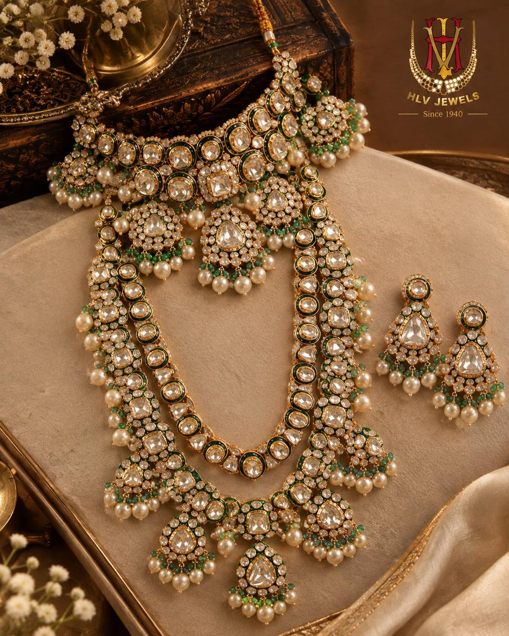 Layered polki bridal necklace set with pearls by HLV Jewels
